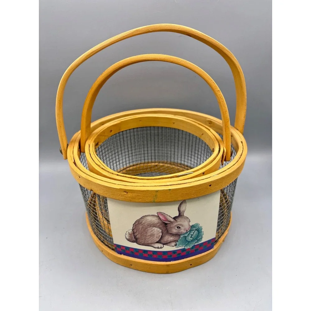 Vtg Baskets Wooden Chicken Wire Rabbit Bunny Print‎ Rustic Spring Easter Nesting